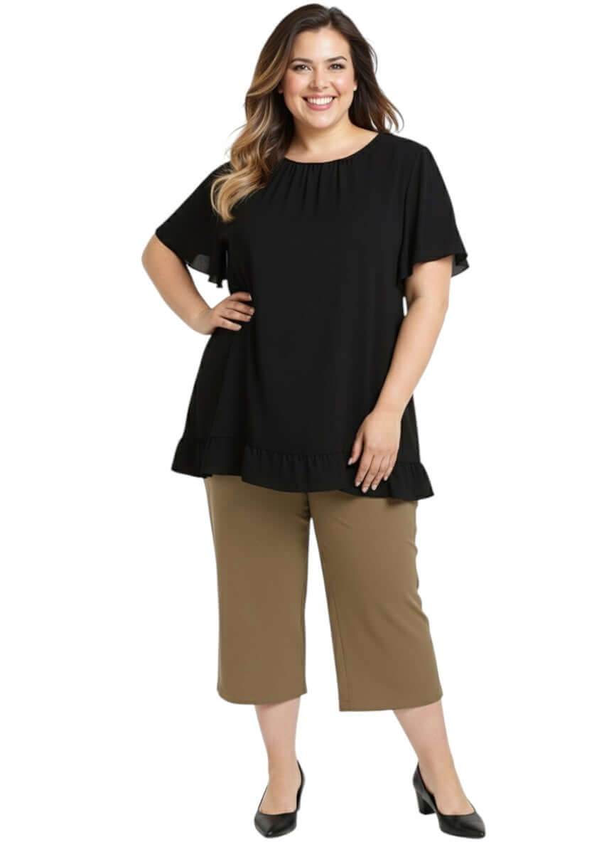 Landra Top - Black by Dale and Waters, plus size women's blouse in size 16-50, featuring flutter sleeves and ruffle hem.