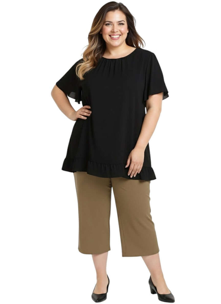 Landra Top - Black by Dale and Waters, plus size women's blouse in size 16-50, featuring flutter sleeves and ruffle hem.
