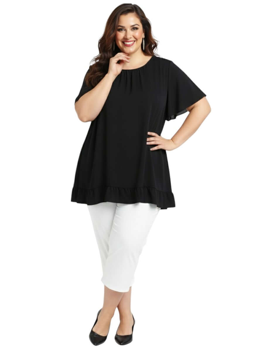 Landra Top - Black by Dale and Waters, plus size women's blouse size 16-50 with flutter sleeves and ruffle hem.