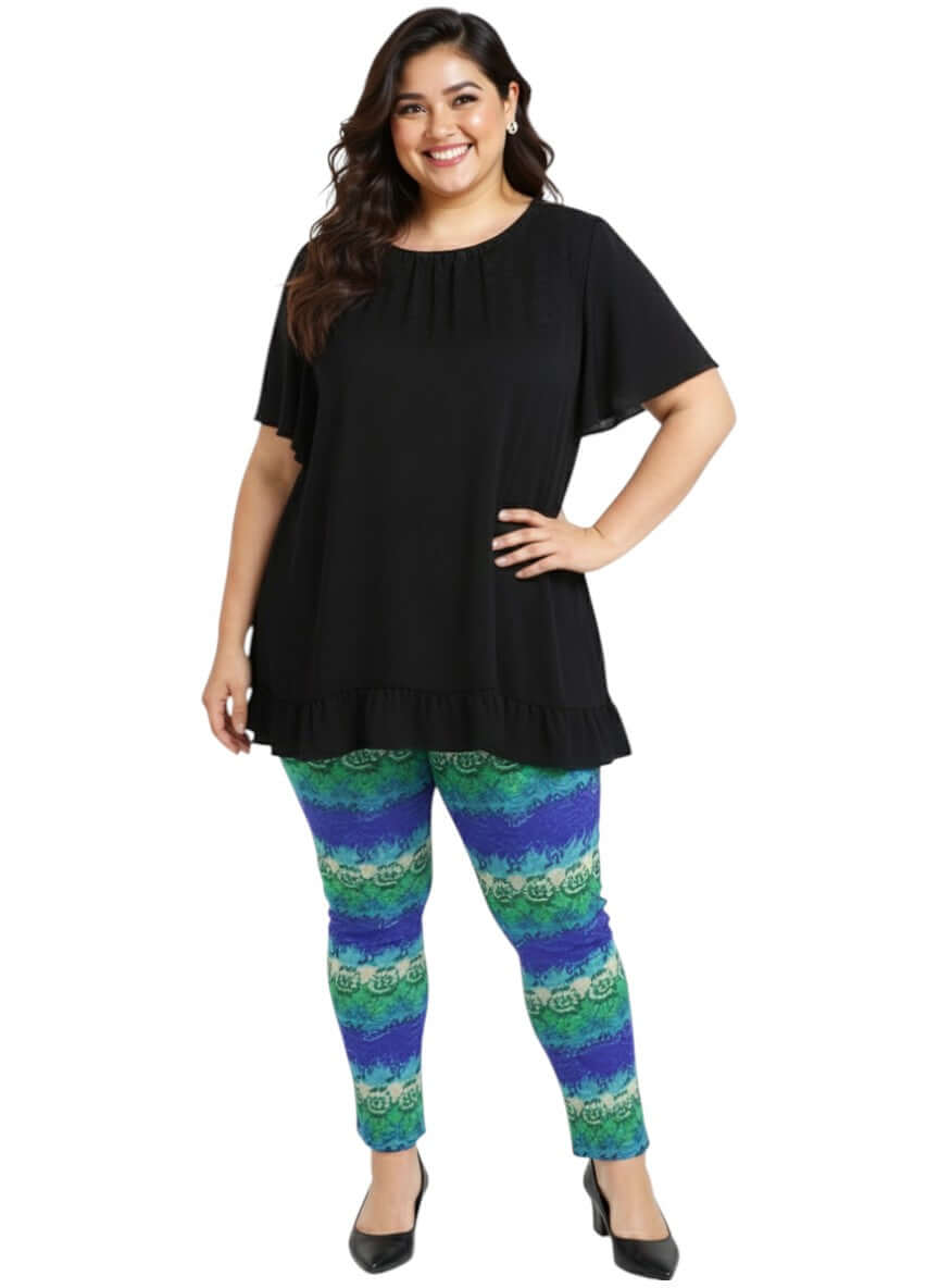 Landra Top - Black worn by a model with plus size leggings, emphasizing style and comfort for women sizes 16-50 by Dale and Waters.