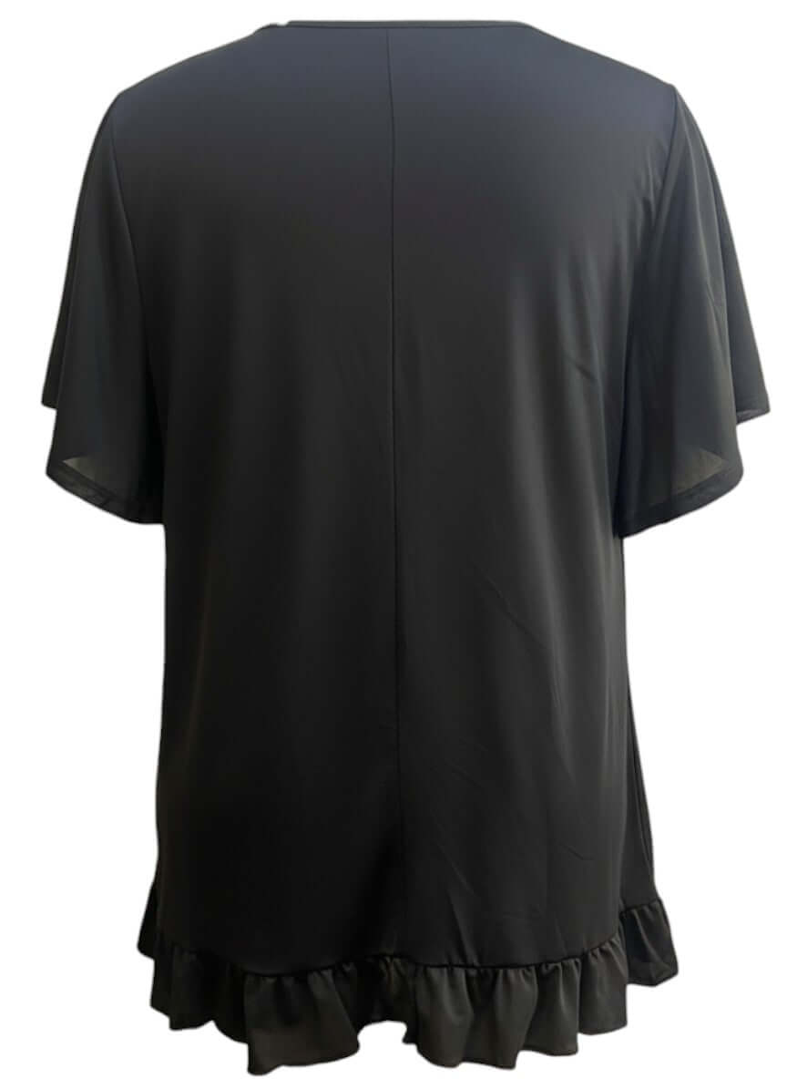 Landra Top - Black back view showing flutter sleeves and ruffle hem, plus size women's top by Dale and Waters.