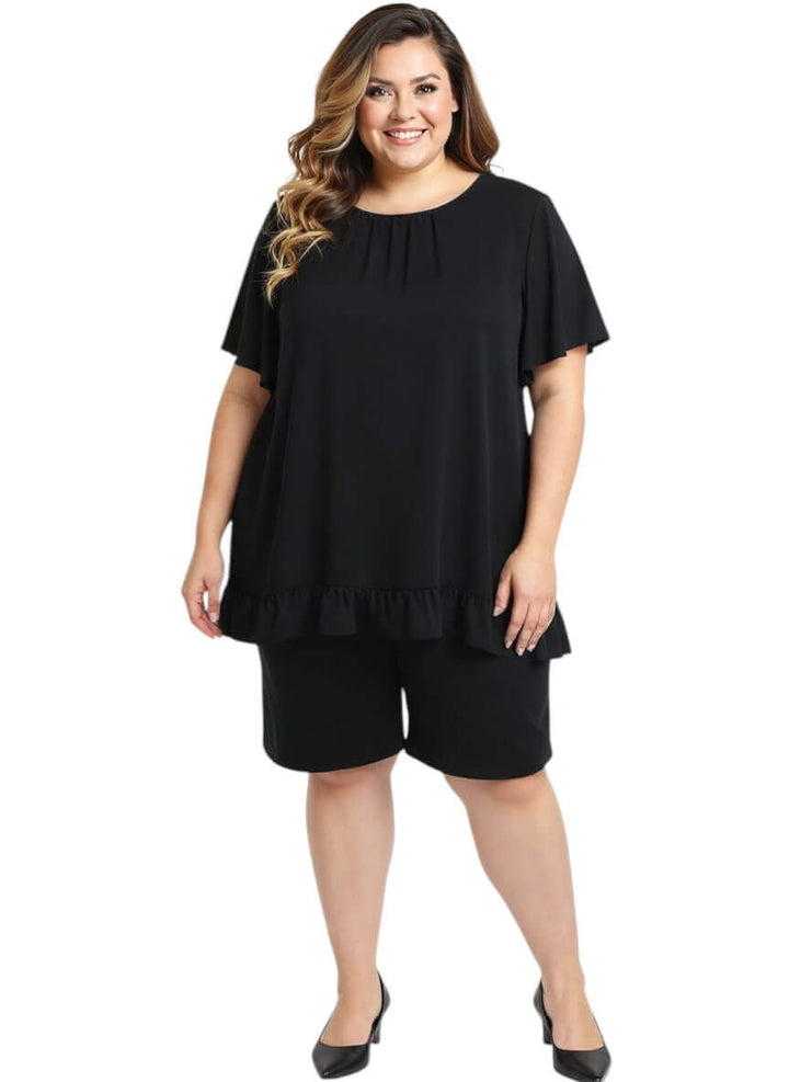 Landra Top - Black by Dale and Waters, plus size women's top in size 16-50, featuring flutter sleeves and ruffle hem.