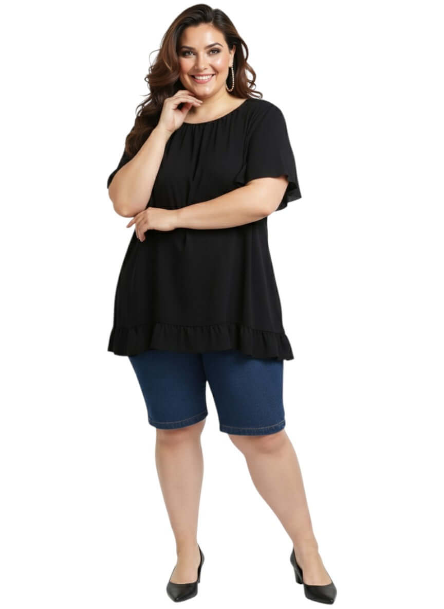 Landra Top - Black women's plus size blouse by Dale and Waters, size 16-50, featuring flutter sleeves and ruffle hem.