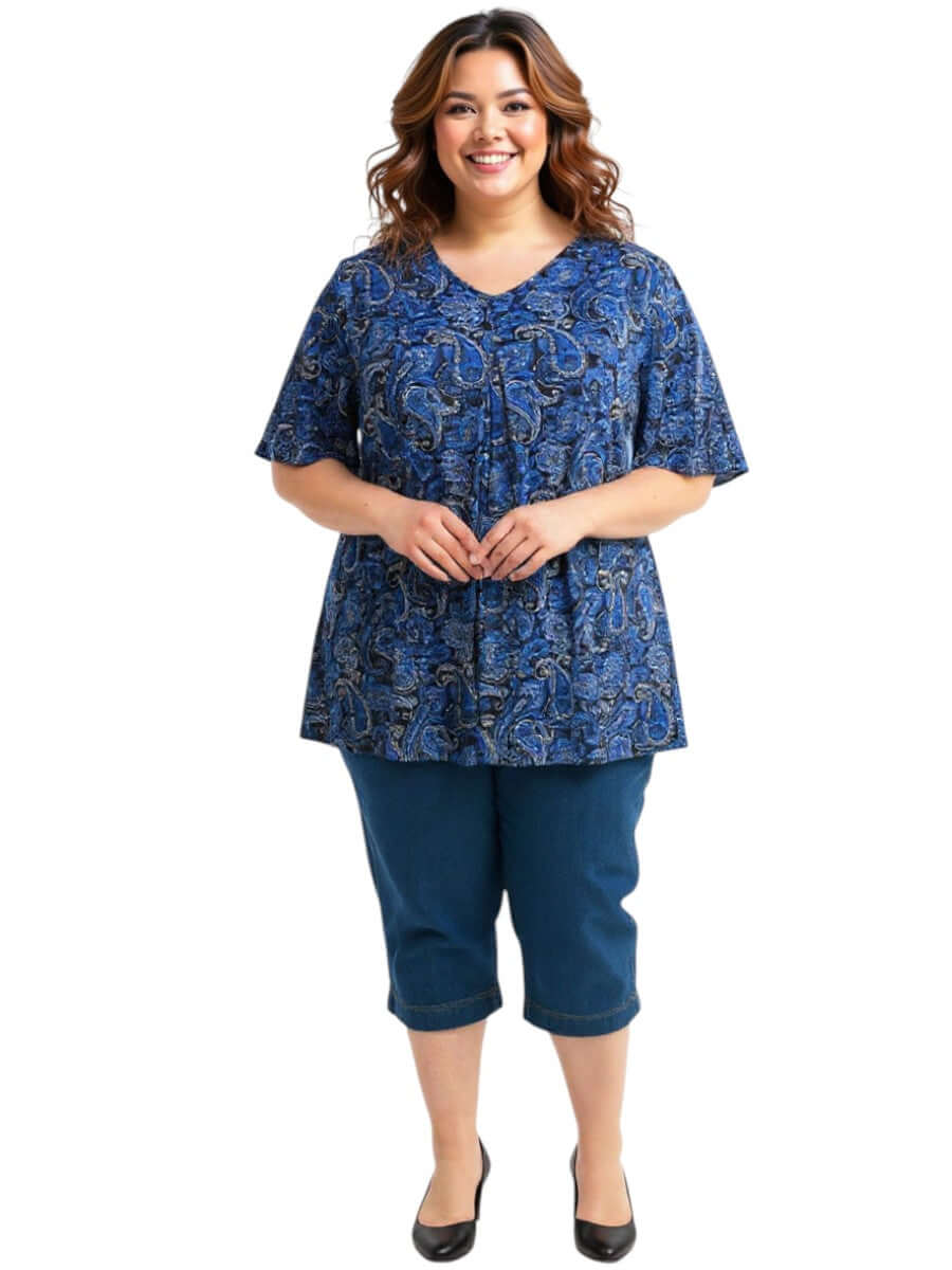 Woman wearing Westin Top - Blue with paisley print, plus size size 16-50, showcasing elegant style and comfort.