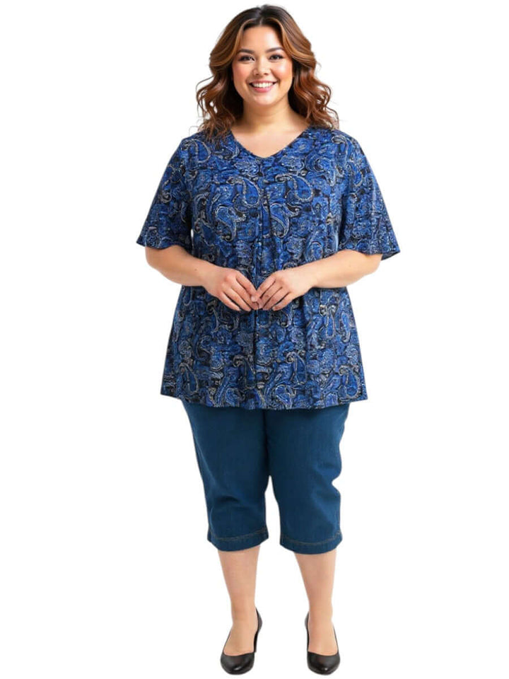 Woman wearing Westin Top - Blue with paisley print, plus size size 16-50, showcasing elegant style and comfort.
