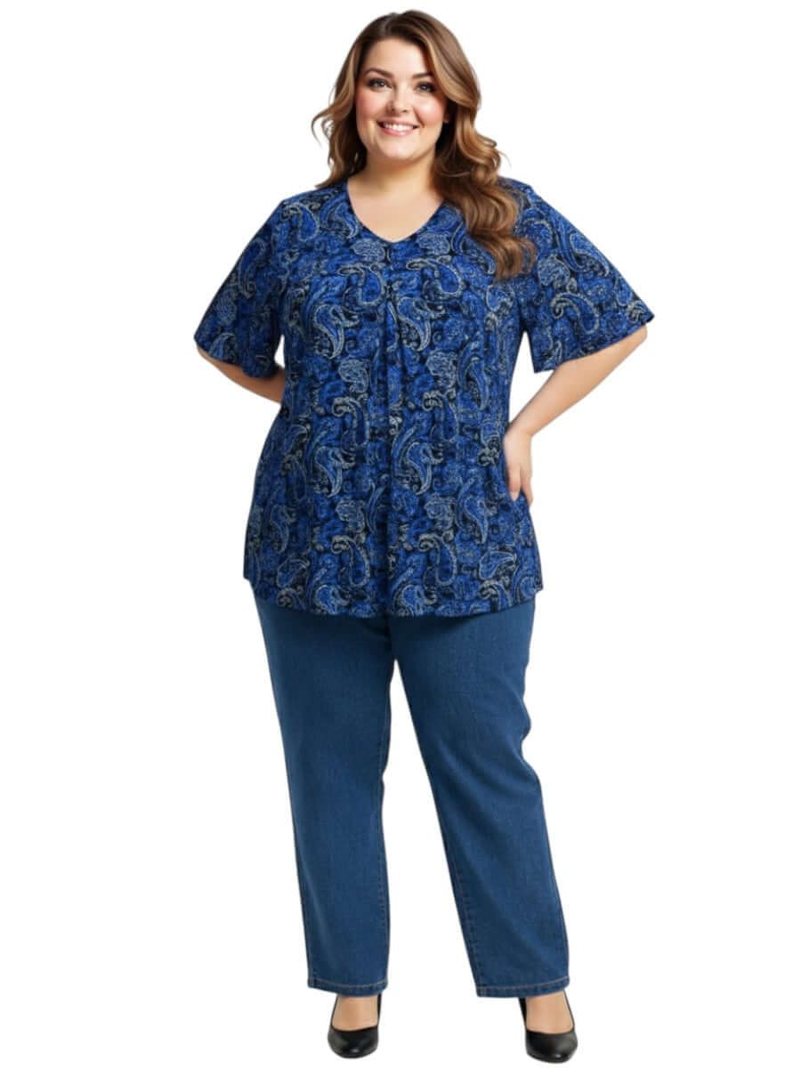 Women's Plus Size Westin Top - Blue in royal blue paisley print, size 16-50, combining classic charm and modern comfort.