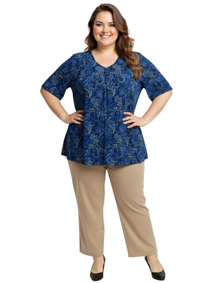 Women's Plus Size Westin Top - Blue by Dale and Waters, featuring a paisley print and flattering V-neckline.