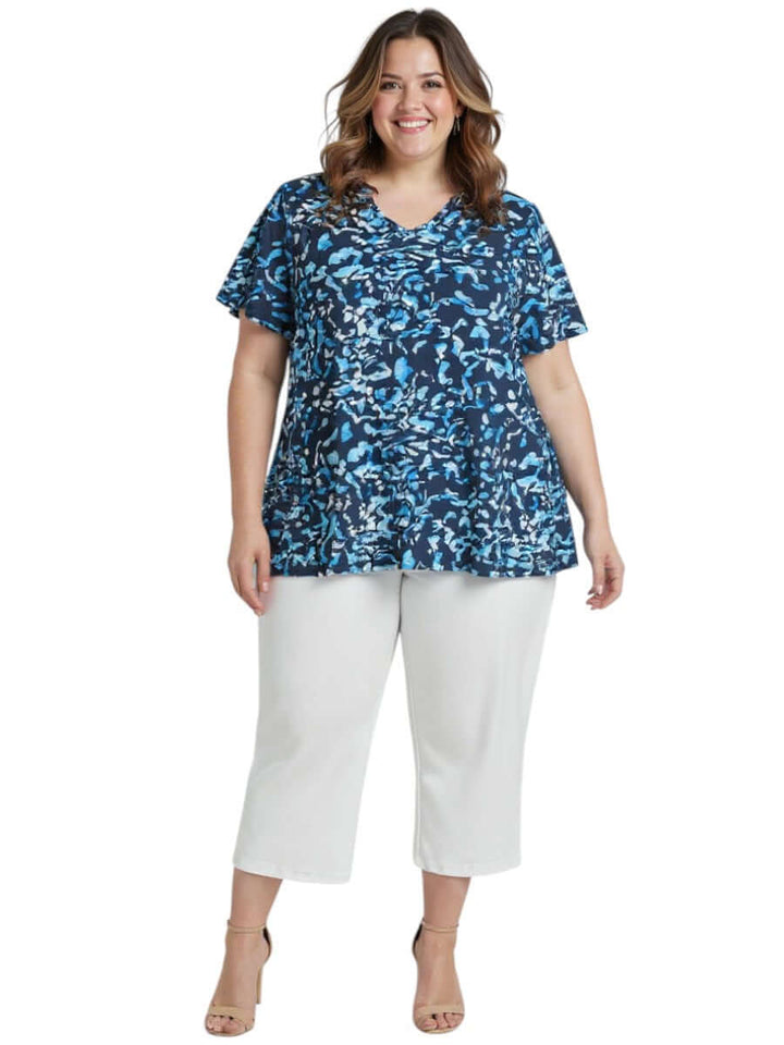 Ocean Top - Blue Print by Dale and Waters, plus size women's top in abstract blue print, size 16-50, comfortable fit.
