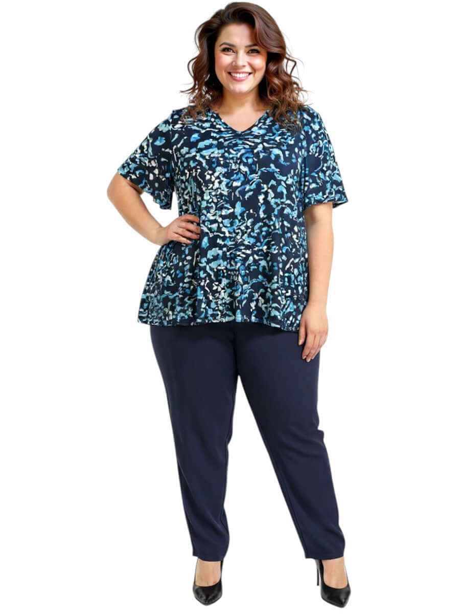 Women wearing the Ocean Top - Blue Print by Dale and Waters, plus size style in deep navy and vibrant ocean blues.