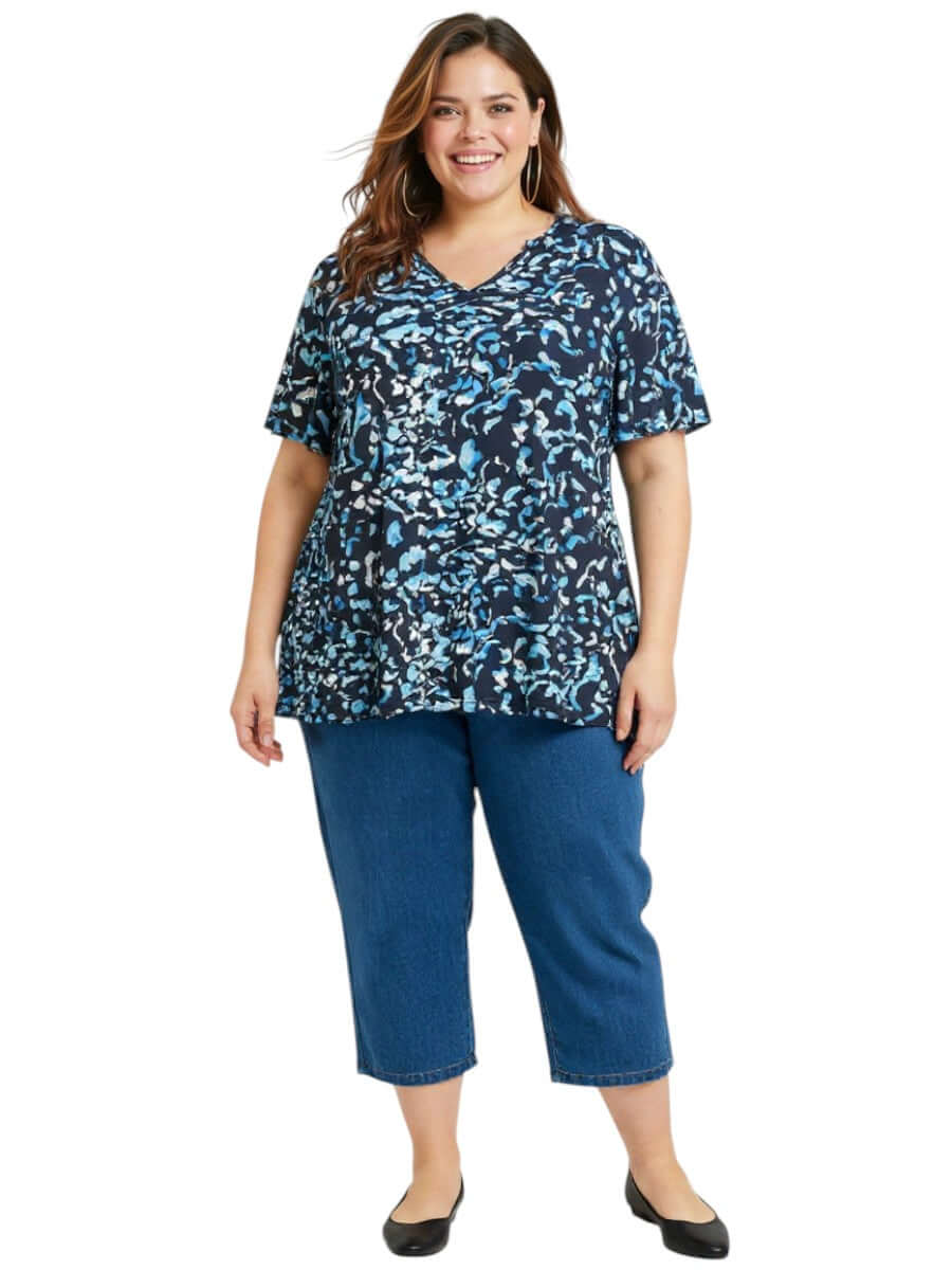Women's Plus Size Ocean Top - Blue Print, featuring a vibrant blue print and flattering V-neckline, perfect for everyday wear.
