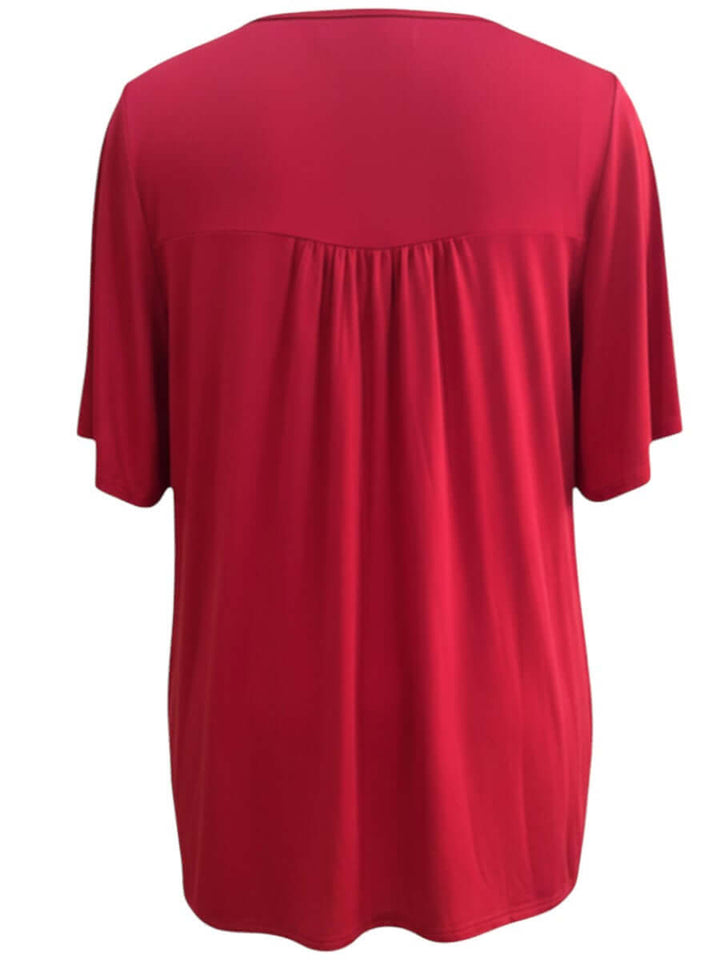 Back view of Women's Plus Size Leeman Top - Red by Dale and Waters, showcasing elegant drape and soft fabric.