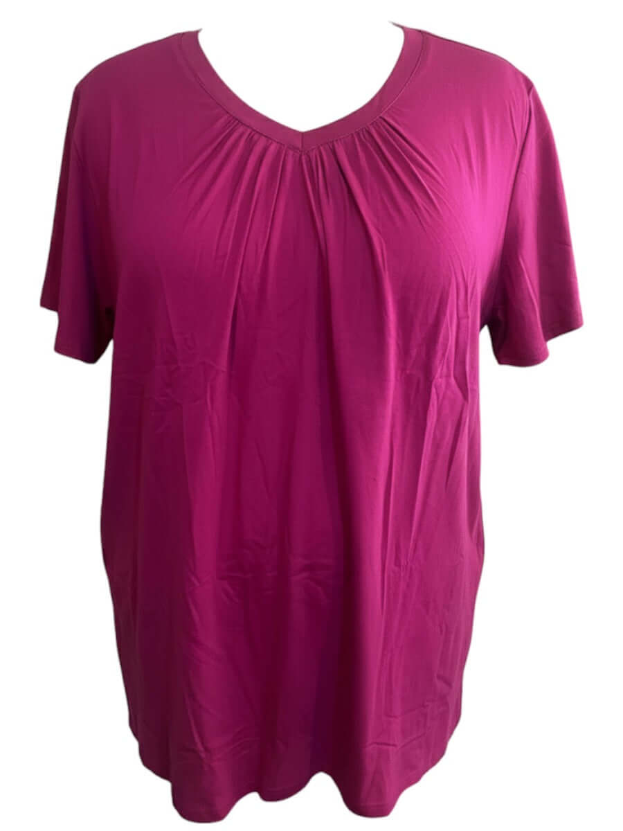 Montez Top - Pink, women's plus size top in rich magenta-pink, featuring gathered V-neckline for elegant draping.