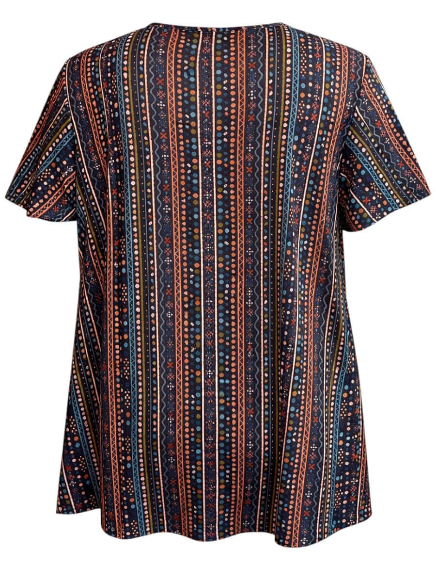 Women's Plus Size Fernando Top - Black Print featuring vibrant vertical geometric stripes in earthy tones.