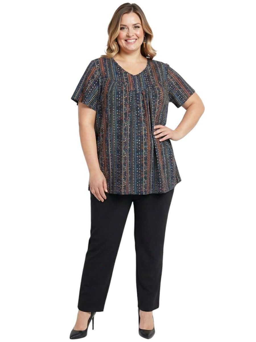 Women fashion plus size Fernando Top - Black Print with geometric stripes and earthy tones.