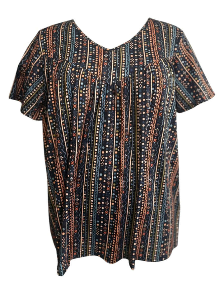 Women's Plus Size Fernando Top - Black Print featuring vibrant geometric stripes and earthy tones.