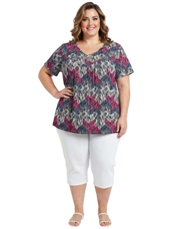Women's Plus Size Fernando Top - Plum Print featuring abstract chevron pattern and modern art design.
