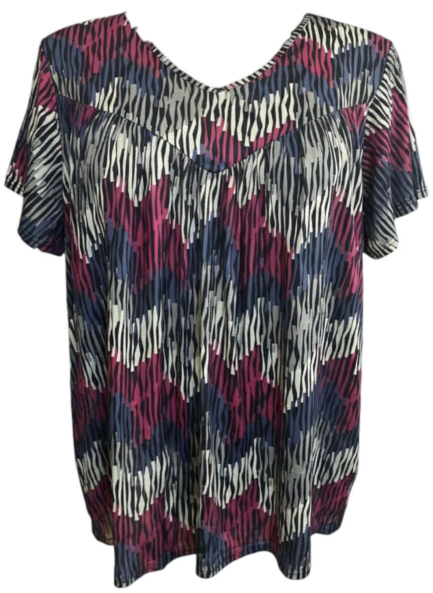 Women's Plus Size Fernando Top - Plum Print with vibrant chevron pattern in deep magenta, navy, and ivory.