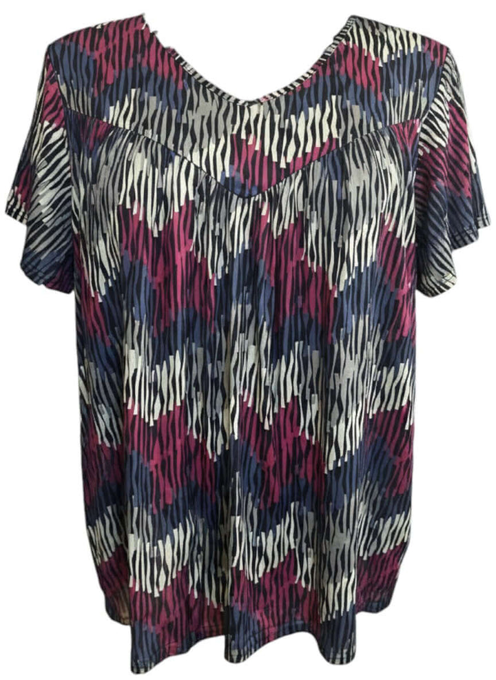 Women's Plus Size Fernando Top - Plum Print with vibrant chevron pattern in deep magenta, navy, and ivory.