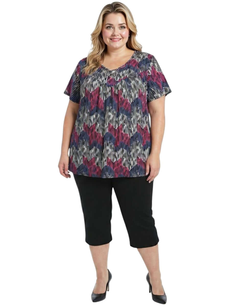 Women's plus size Fernando Top - Plum Print featuring vibrant chevron pattern and comfortable fit.