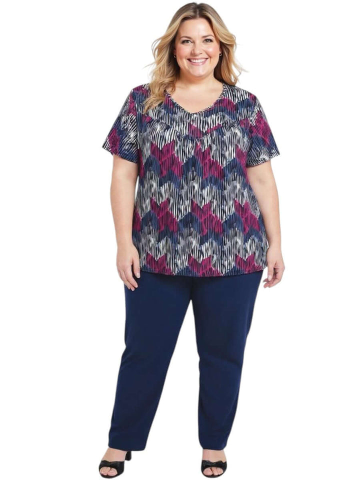 Women’s Plus Size Fernando Top - Plum Print featuring vibrant abstract chevron pattern, sizes 16 to 504.