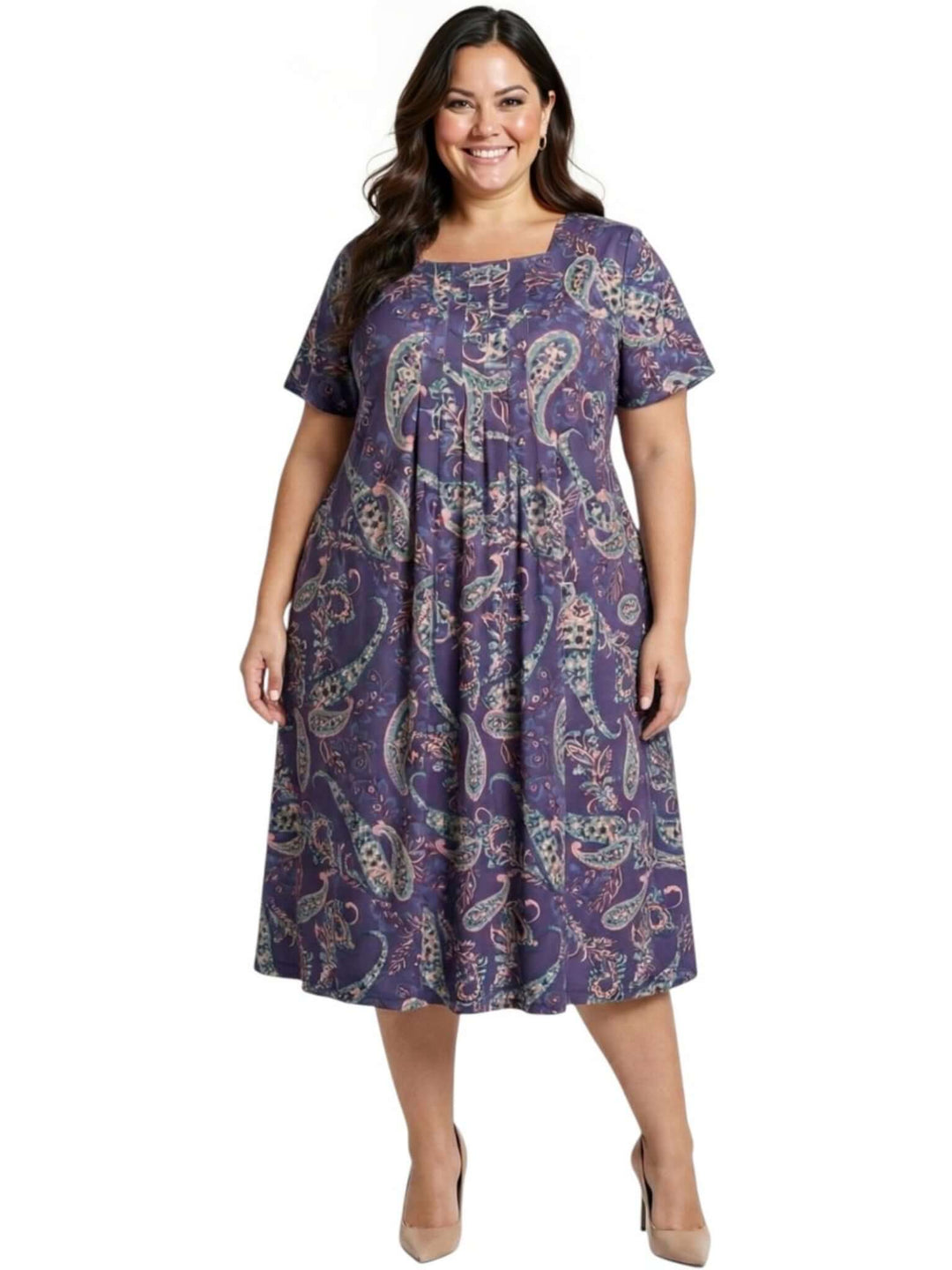 Darla Dress - Purple Print - Women's Plus Size fashion from Dale and Waters, featuring a vibrant paisley pattern.