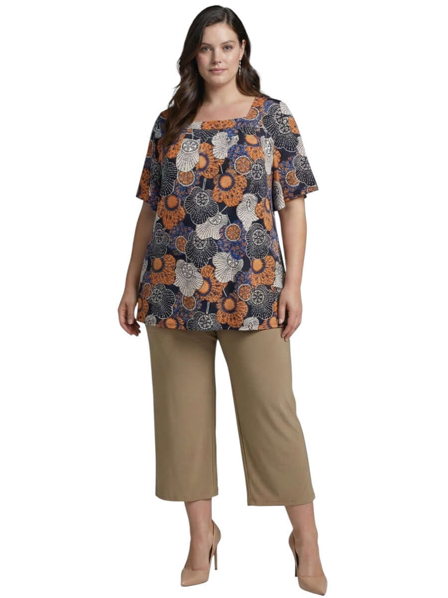 Lora Top - Navy Print worn by plus size woman, featuring bold floral print and relaxed silhouette, women fashion from Dale and Waters.