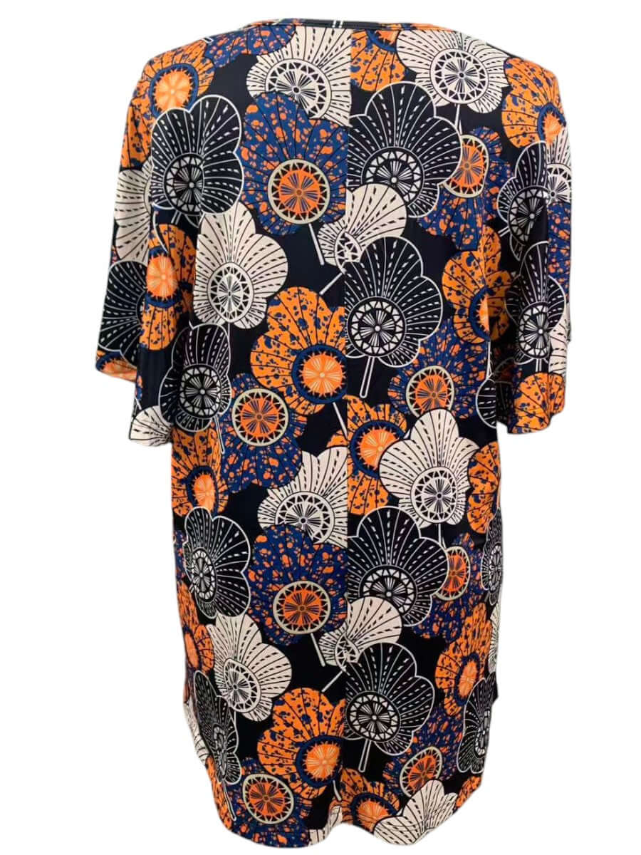 Lora Top - Navy Print showing bold floral design with navy blue, burnt orange, and white colors, plus size women's fashion