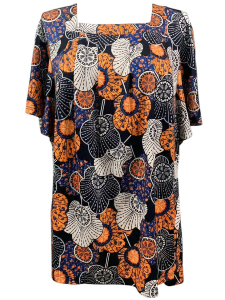 Lora Top - Navy Print: Women's plus size top with bold floral print in navy, burnt orange, and white, sizes 16 to 504.