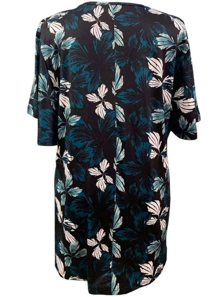 Rainer Top - Teal Print back view showcasing botanical leaf print on a black background for women fashion plus size.