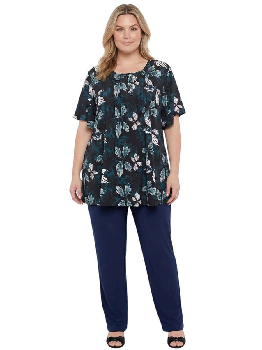 Rainer Top - Teal Print worn by a model, showcasing relaxed fit and botanical leaf design, ideal for women's plus size fashion.