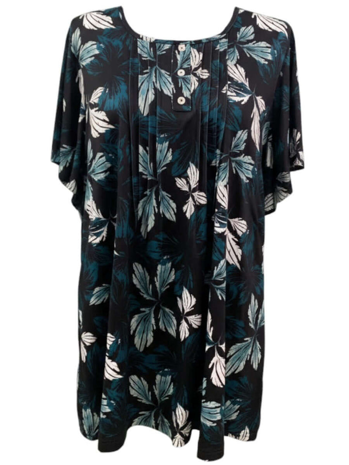 Rainer Top - Teal Print, women's plus size tunic with botanical leaf print in deep teal and white against black background.