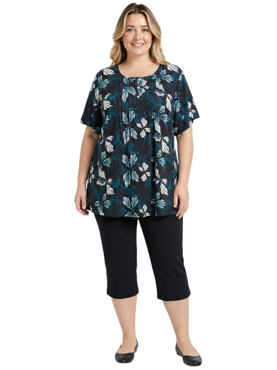 Rainer Top - Teal Print; women's plus size fashion with botanical leaf print and relaxed style.
