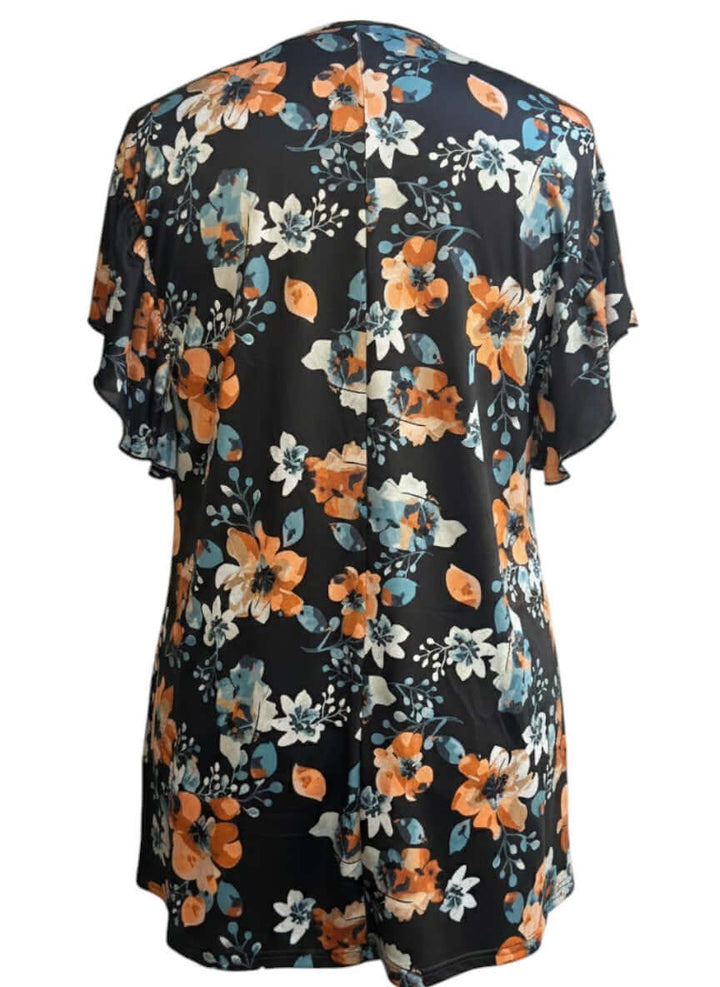 Kerissa Top - Black Print featuring a botanical floral print in warm earthy tones and soft white accents.
