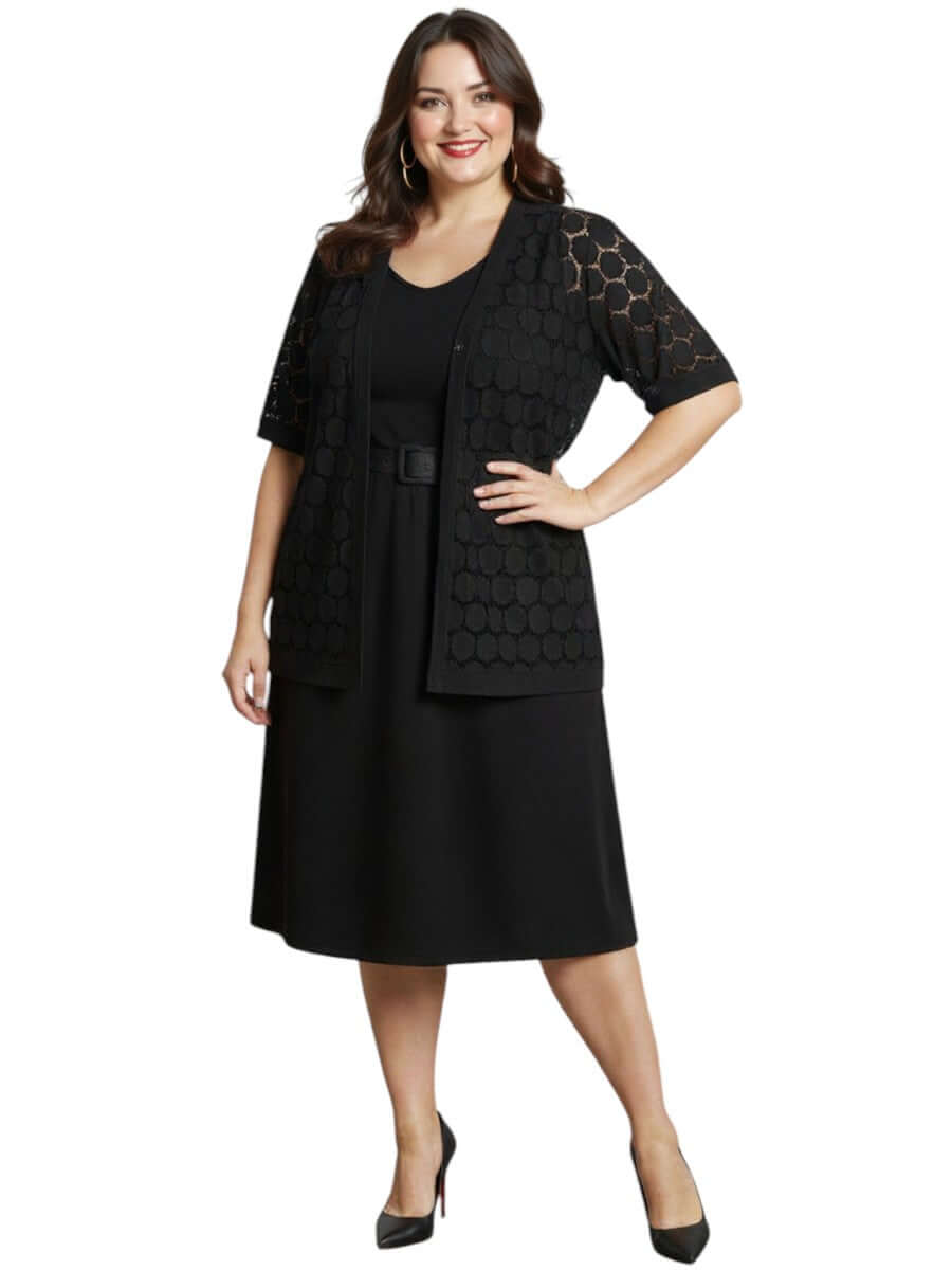 Women's Plus Size Westley Dress - Black with stylish overlay, showcasing relaxed A-line drape and flutter sleeves.