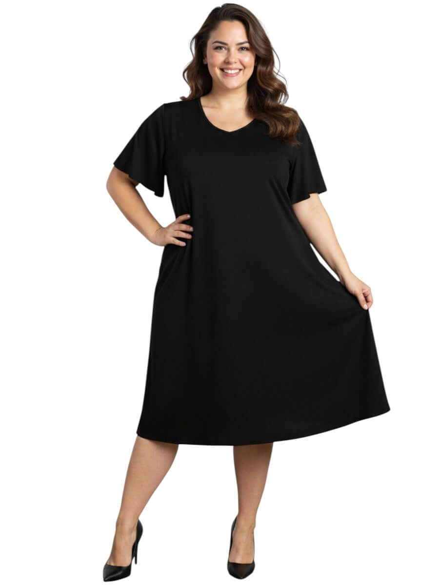 Women's Plus Size Westley Dress - Black featuring flutter sleeves and a V-neckline, perfect for women fashion.