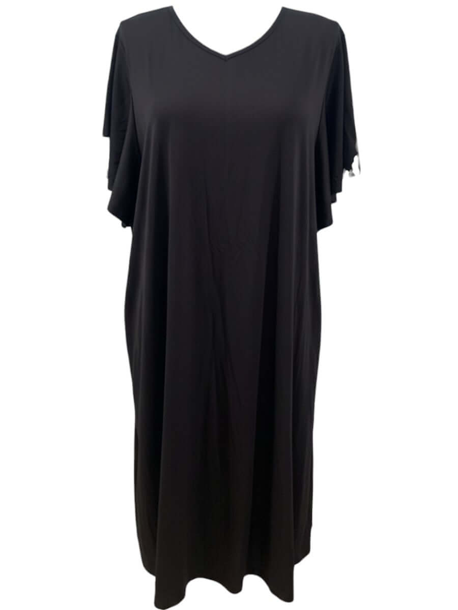 Women’s Plus Size Westley Dress - Black with flutter sleeves and V-neckline, ideal for minimalist fashion.