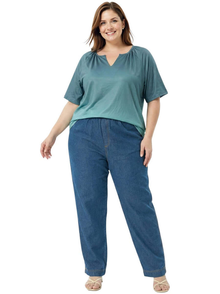 Icelynn Tunic - Teal Ombre styled with relaxed denim jeans, perfect for women's plus size fashion.