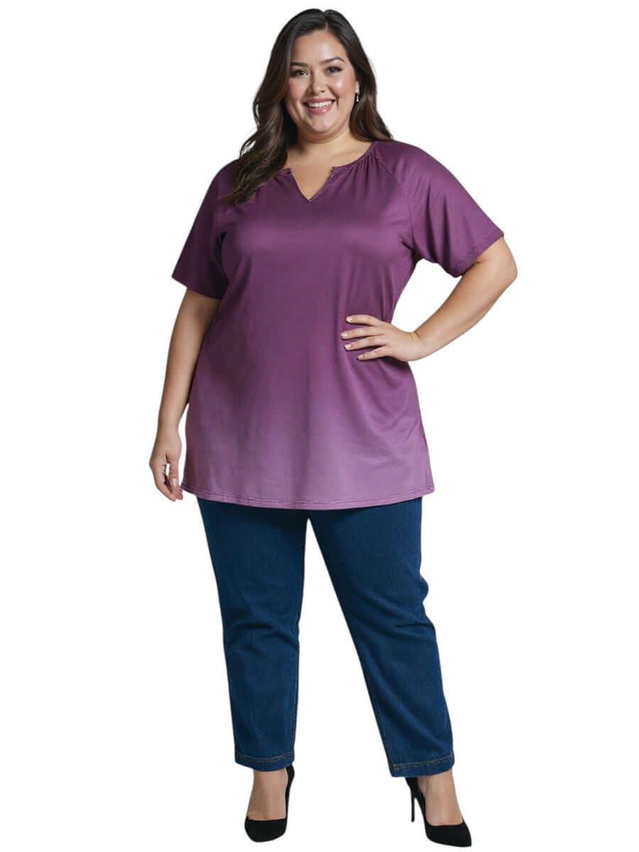 Icelynn Tunic - Plum Ombre model showcasing modern women fashion in plus size, featuring a rich plum to lilac gradient design.