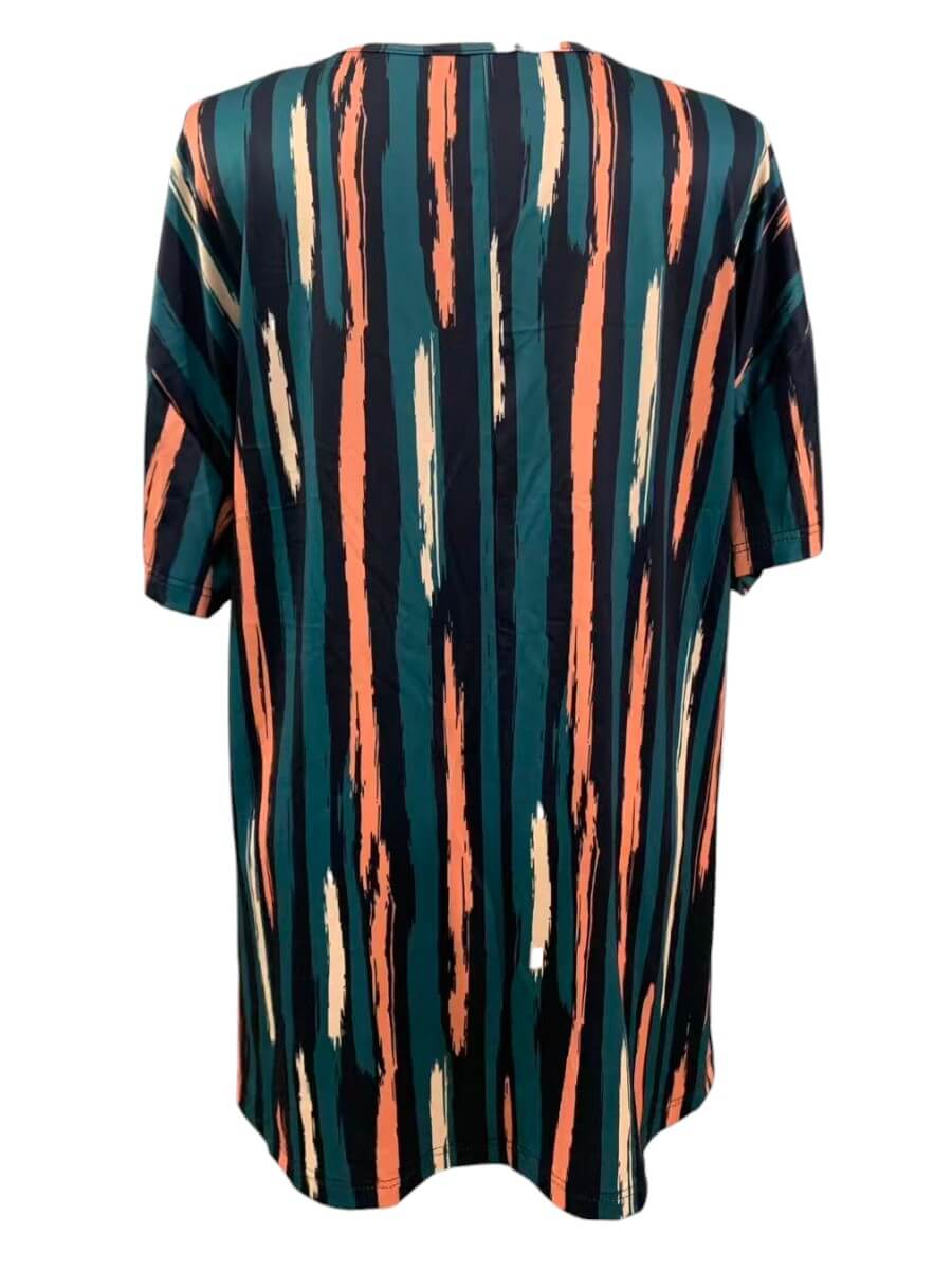 Women's Plus Size Velma Top - Green Print with bold brushstroke stripes in deep forest green, peach, cream, and navy.