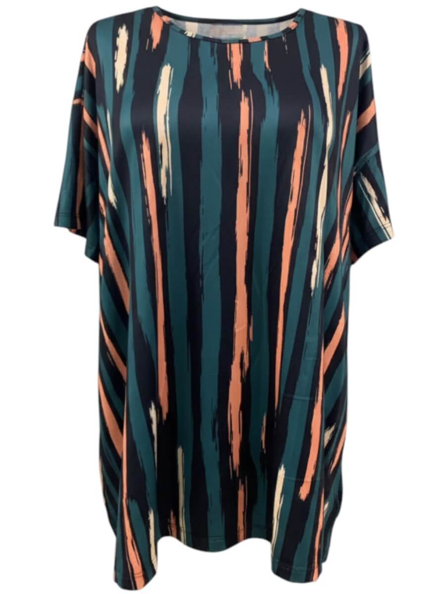 Velma Top - Green Print, a women's plus size tunic with bold brushstroke pattern in forest green, peach, and navy.