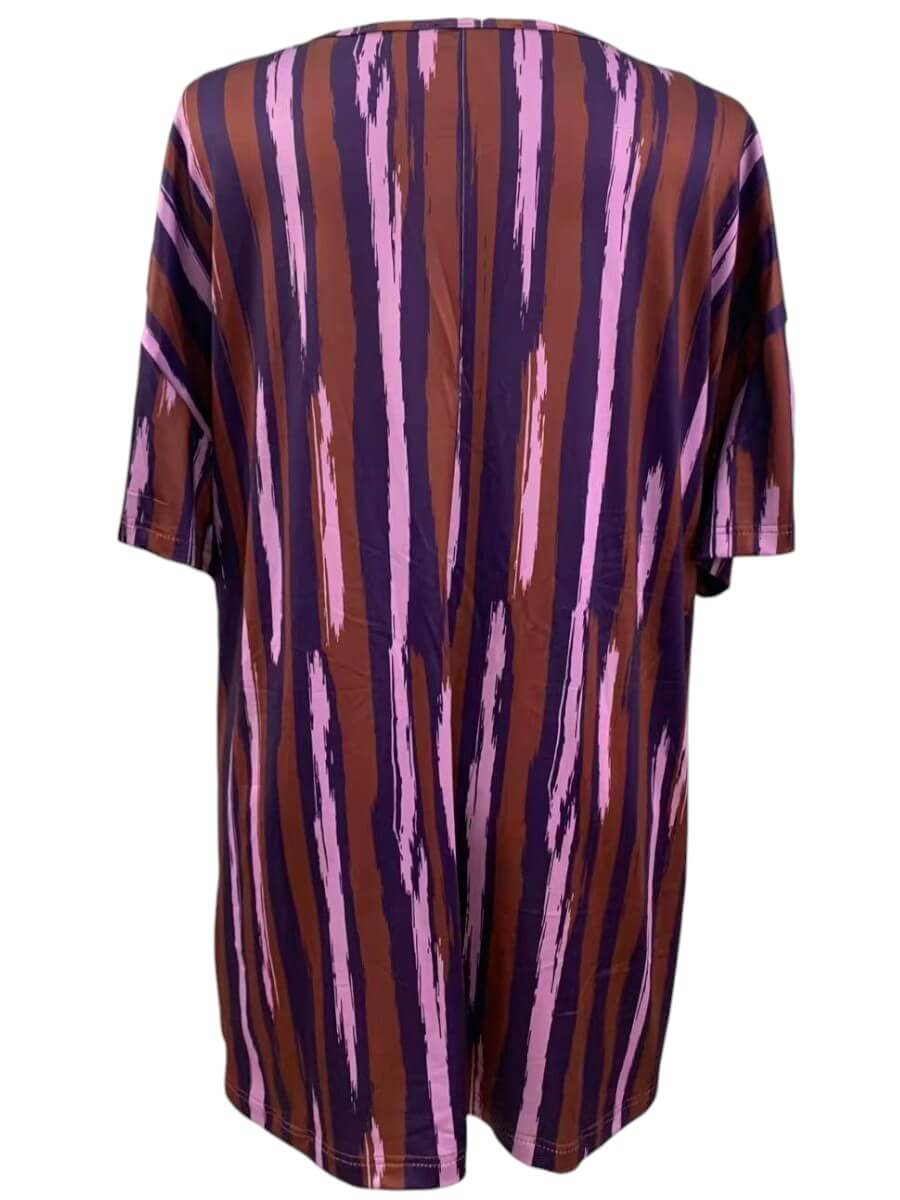 Velma Top - Purple Print featuring purple and brown brushstroke stripes, designed for women's plus size fashion.