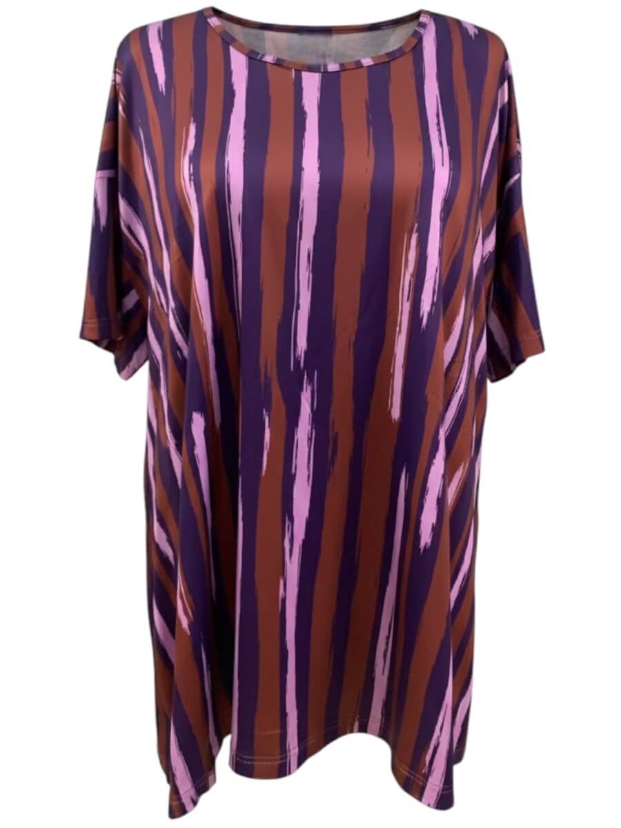 Velma Top - Purple Print in relaxed tunic style with vertical distressed brushstroke stripes in plum and brown.