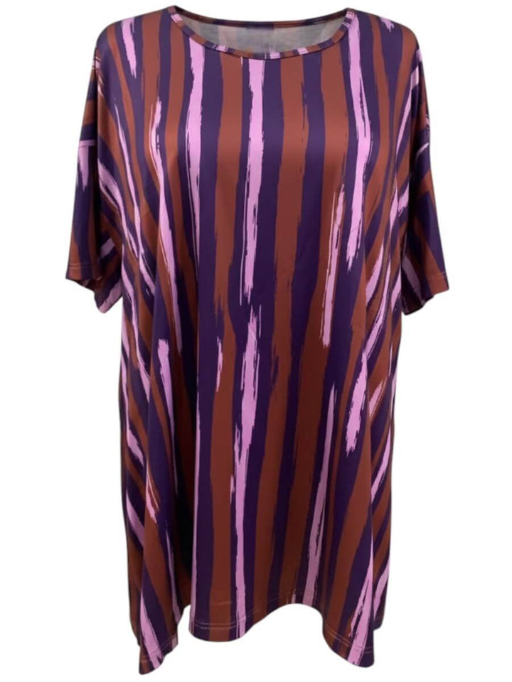 Velma Top - Purple Print in relaxed tunic style with vertical distressed brushstroke stripes in plum and brown.