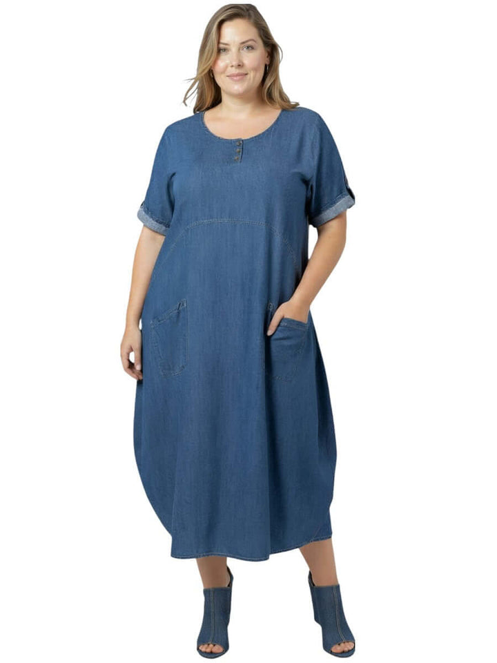 Women's Plus Size Marino Denim Tensil Dress - Tensil in indigo wash with balloon silhouette and button placket.