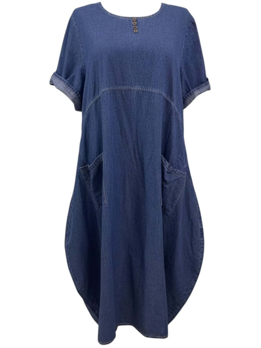 Marino Denim Tensil Dress - Tensil, women's plus size denim dress with a unique tulip silhouette and decorative button placket.