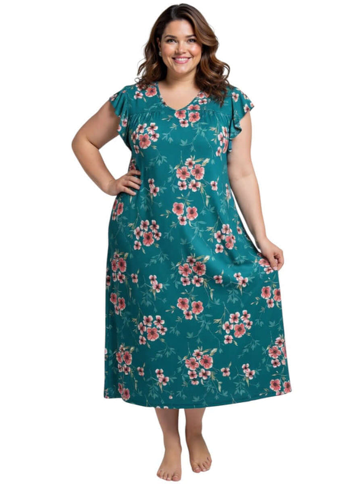 Women in a floral print Electra Nightie - Green Print, showcasing a plus size design that blends style and comfort.