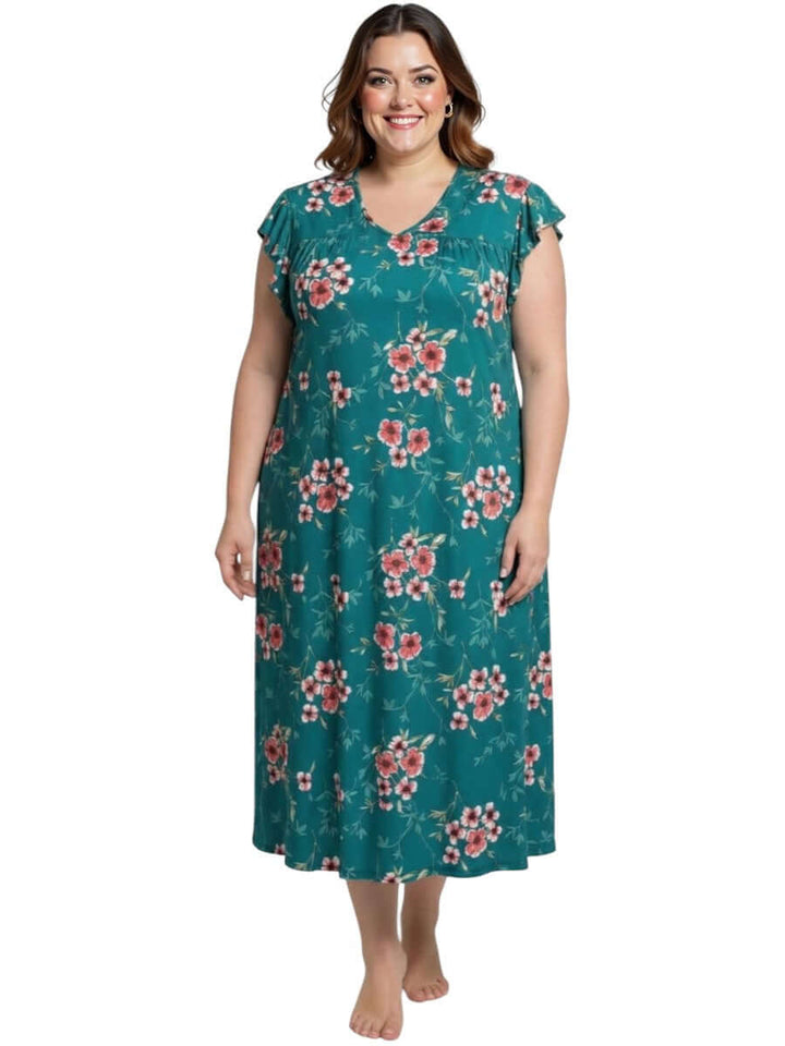Electra Nightie - Green Print, women's plus size sleepwear in green with pink floral print, comfortable fit.