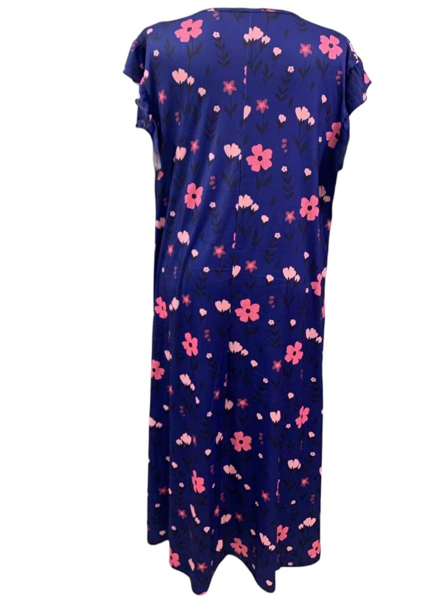 Electra Nightie - Blue Print back view showcasing floral design in navy blue and pink, plus size women's fashion.