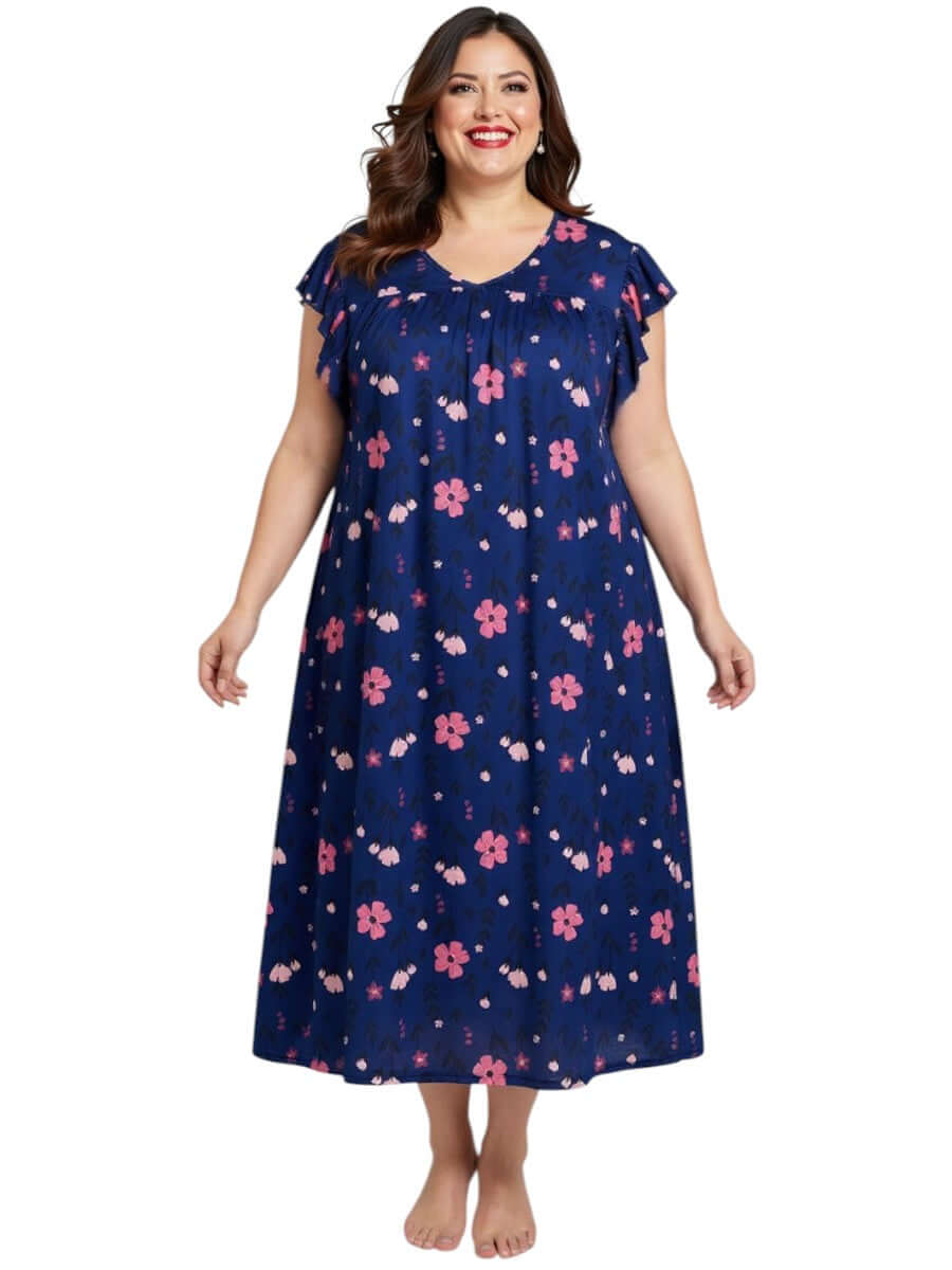 Electra Nightie - Blue Print featuring a relaxed fit with pink floral print on navy for plus size women fashion.