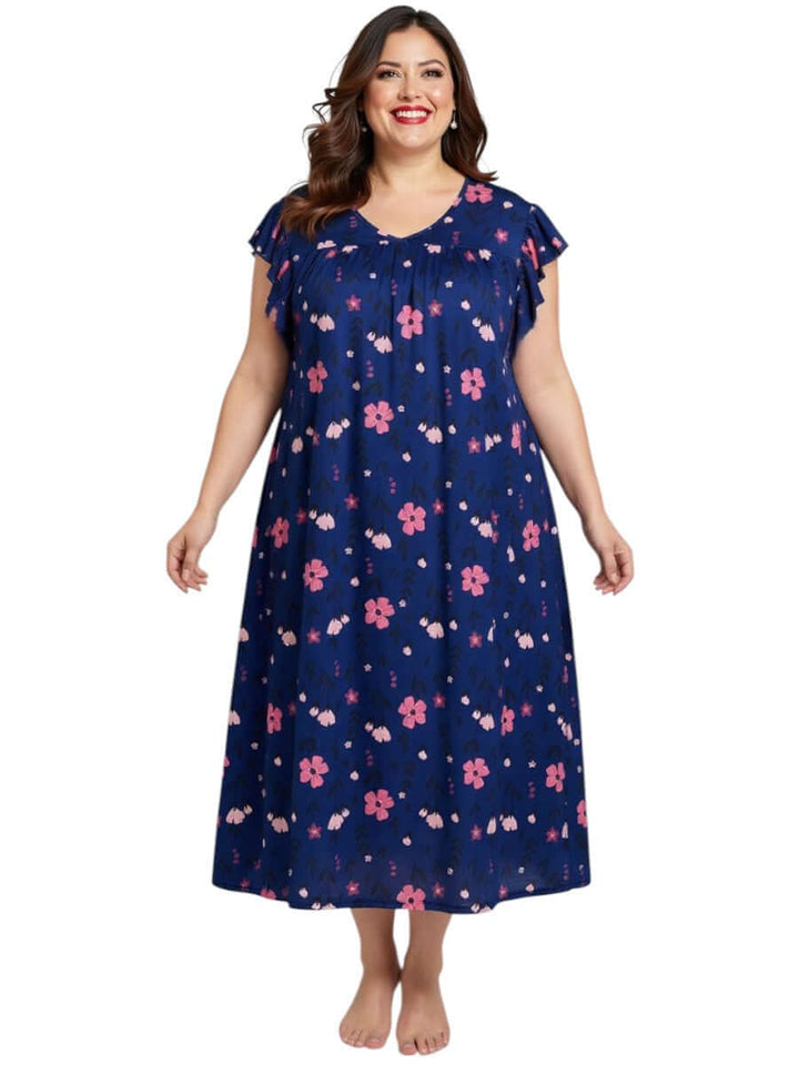 Electra Nightie - Blue Print featuring a relaxed fit with pink floral print on navy for plus size women fashion.